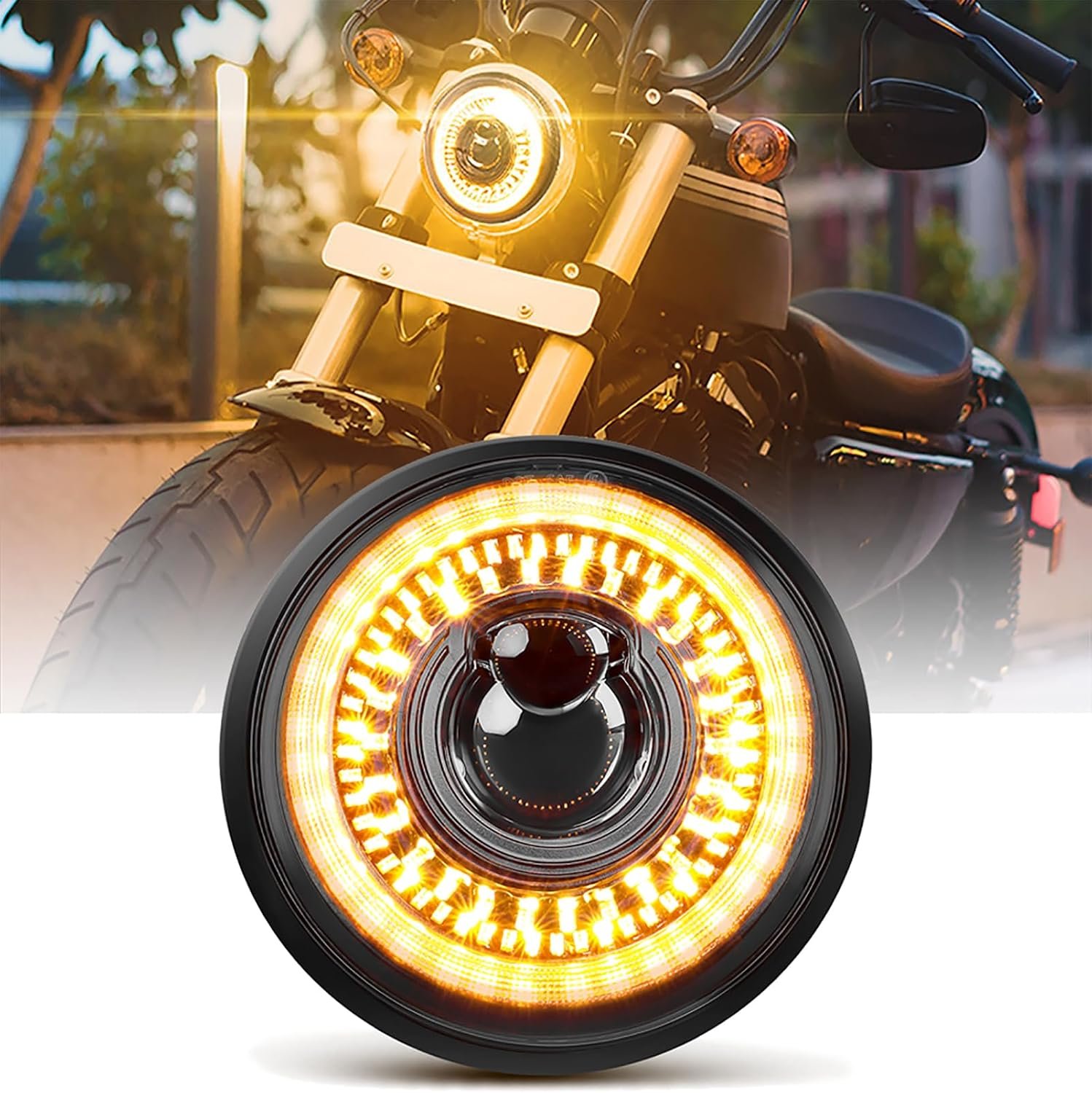 5.75" Round LED Headlight, Hi-Lo Beam + Amber DRL & Turn Signal, High Brightness